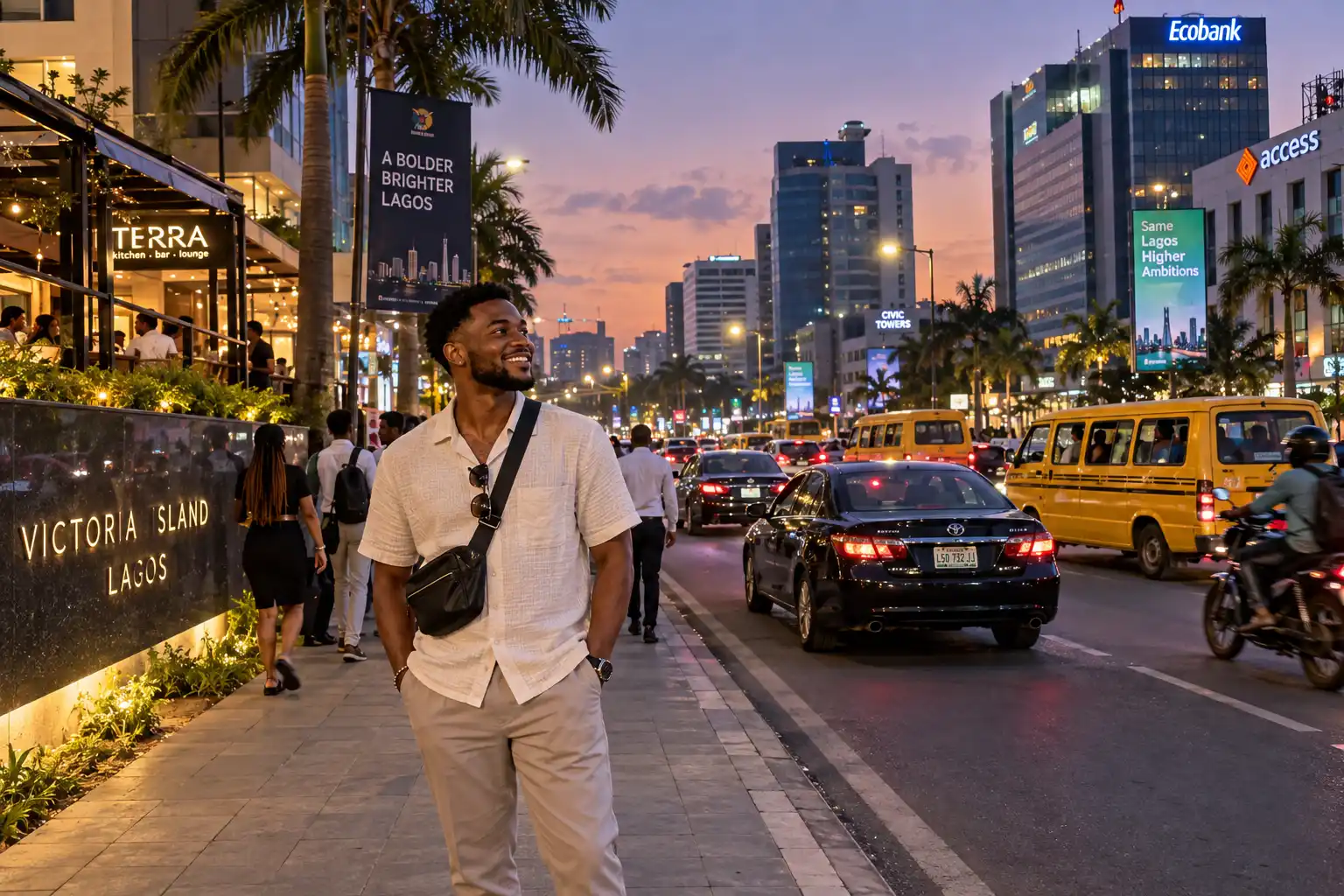 Night lights and city buildings in Victoria Island Lagos, Lagos nightlife