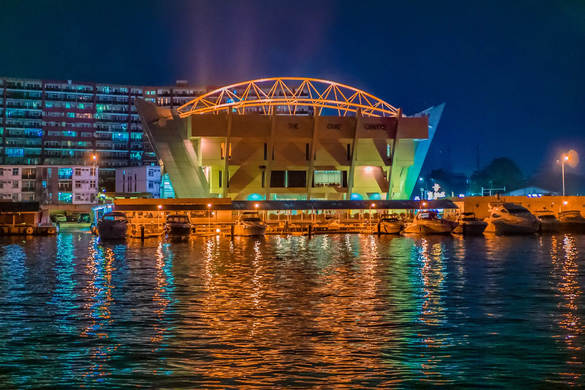 Boats and waterfront at Victoria Island Lagos at night